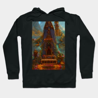 Surreal Magical Alter and Tower in Beautiful Landscape with Birds, and Flowers by the Mountains Hoodie